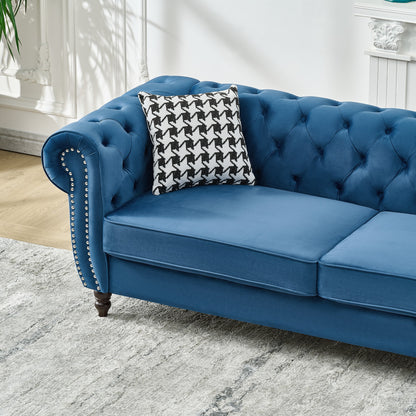 Blue Velvet 3-Seater Sofa with Pine Wood Frame for Living Room