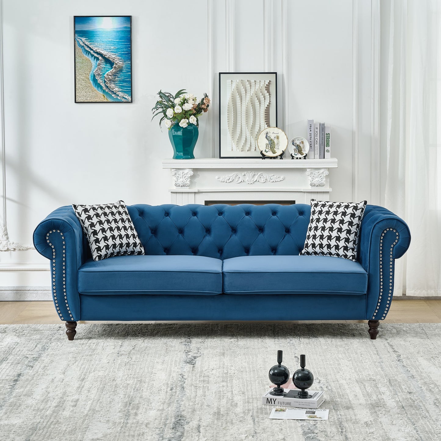85"Chesterfield ‌velvet upholstery fabric Sofa with Roll Armrest & Nailhead,Upholstered Mid Century Modern Couch,3 Seater Couch for Living Room, Office, Apartment, Blue