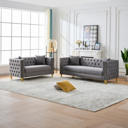 Chesterfield Velvet Sofa,3+2 Seater Deep Seat Sofa,Modern Sofa with Button Nailhead,Square Arm Couches,Furniture for Living Room,Bedroom,Office(Grey)
