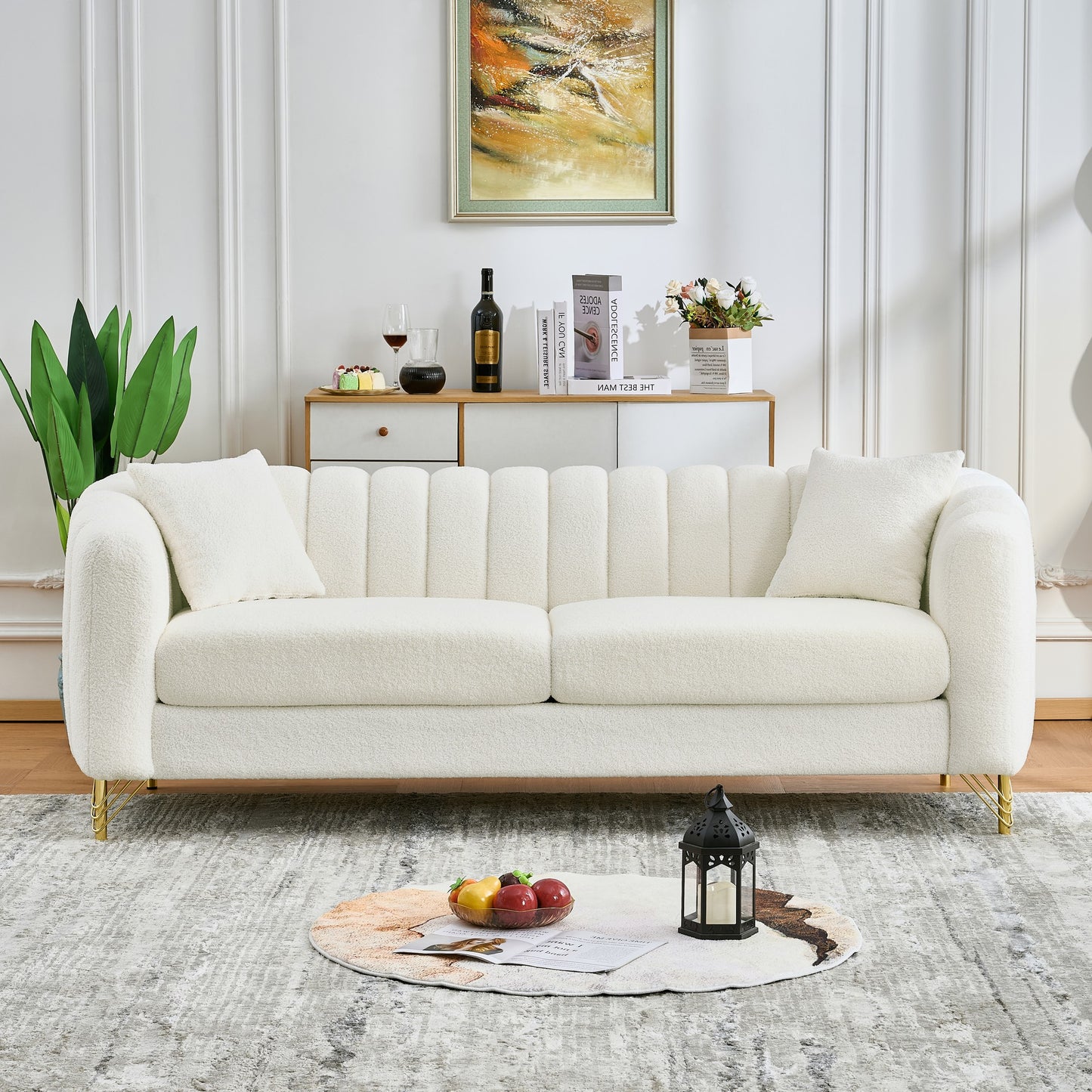 83" Oversized Chenille Sofa,Luxury 3 Seater Deep Couch,Modern Tufted Couch, Gold Metal Legs Sofa for Living Room, Bedroom, Apartment (White)