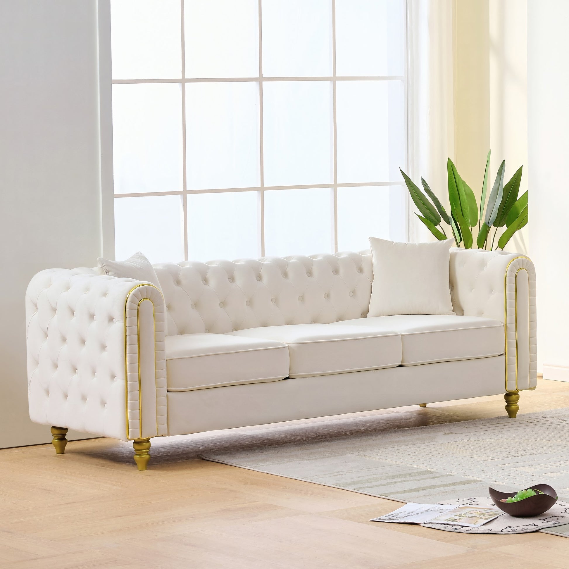 86" Beige Velvet Sofa - 3 Seater Loveseat with Rolled Arms & Gold Legs