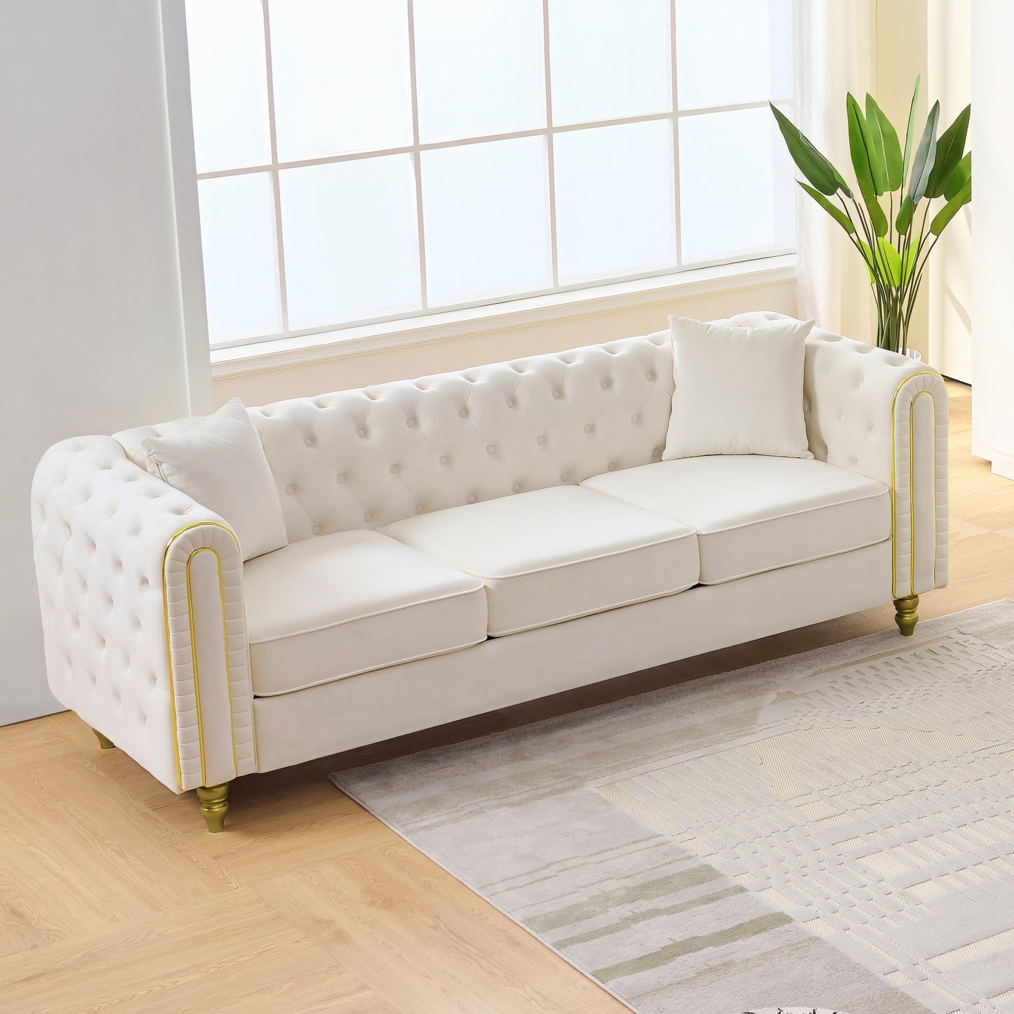 86" Beige Velvet Sofa - 3 Seater Loveseat with Rolled Arms & Gold Legs