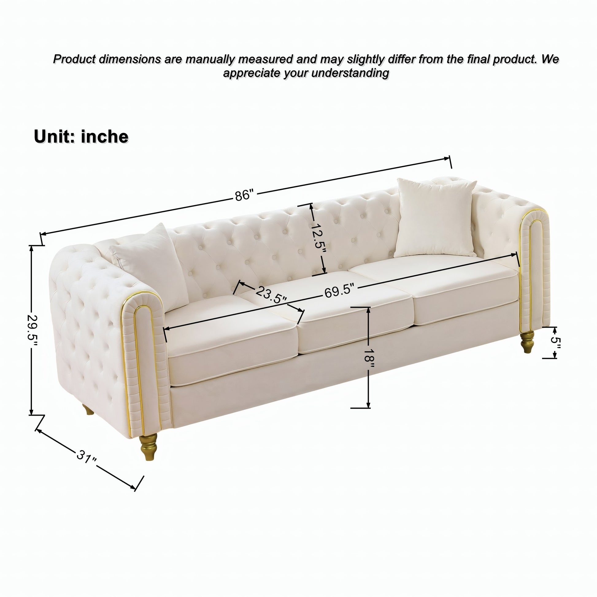 86" Beige Velvet Sofa - 3 Seater Loveseat with Rolled Arms & Gold Legs