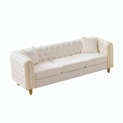 86" Beige Velvet Sofa - 3 Seater Loveseat with Rolled Arms & Gold Legs