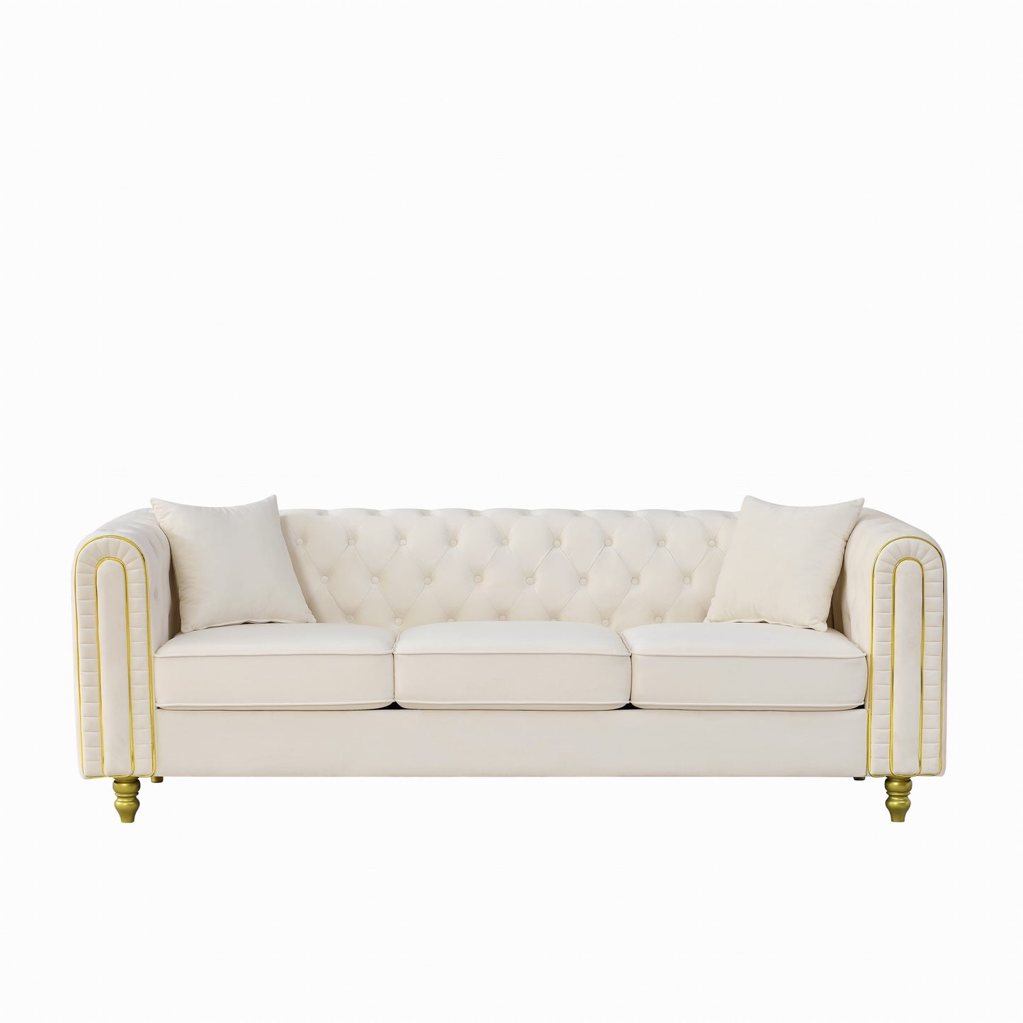 86" Beige Velvet Sofa - 3 Seater Loveseat with Rolled Arms & Gold Legs