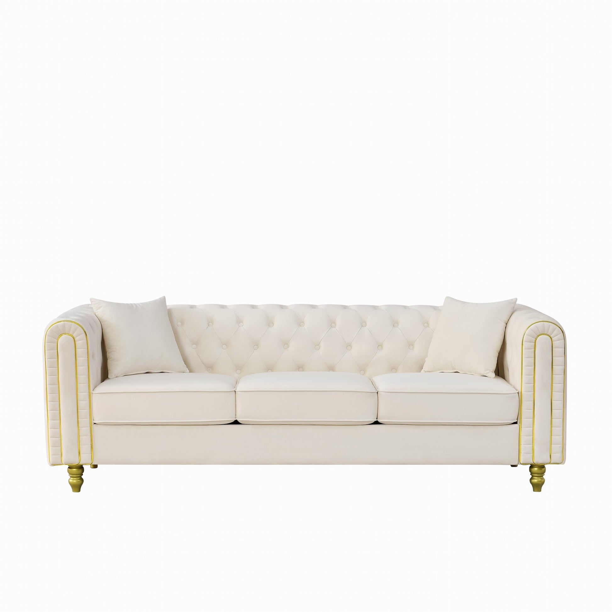 86" Beige Velvet Sofa - 3 Seater Loveseat with Rolled Arms & Gold Legs