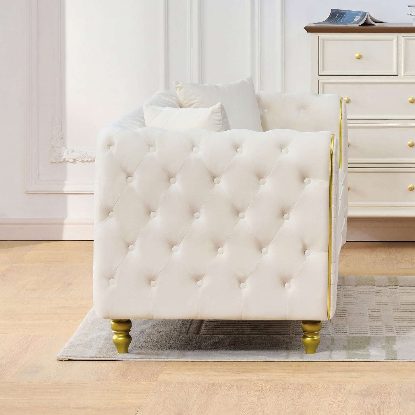 86" Beige Velvet Sofa - 3 Seater Loveseat with Rolled Arms & Gold Legs