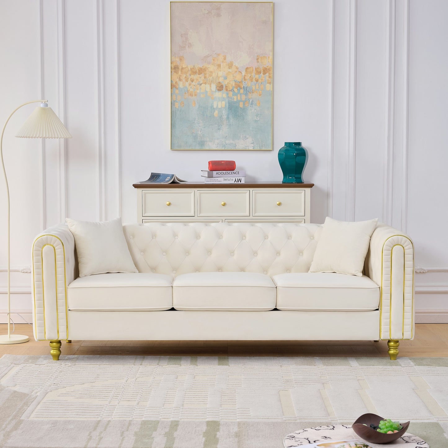 86" Modern Loveseat Sofa,3 Seater Couch Comfy Velvet Sofa Button Tufted Rolled Arms and Gold Legs,Chesterfield for Primary Living Space,Beige