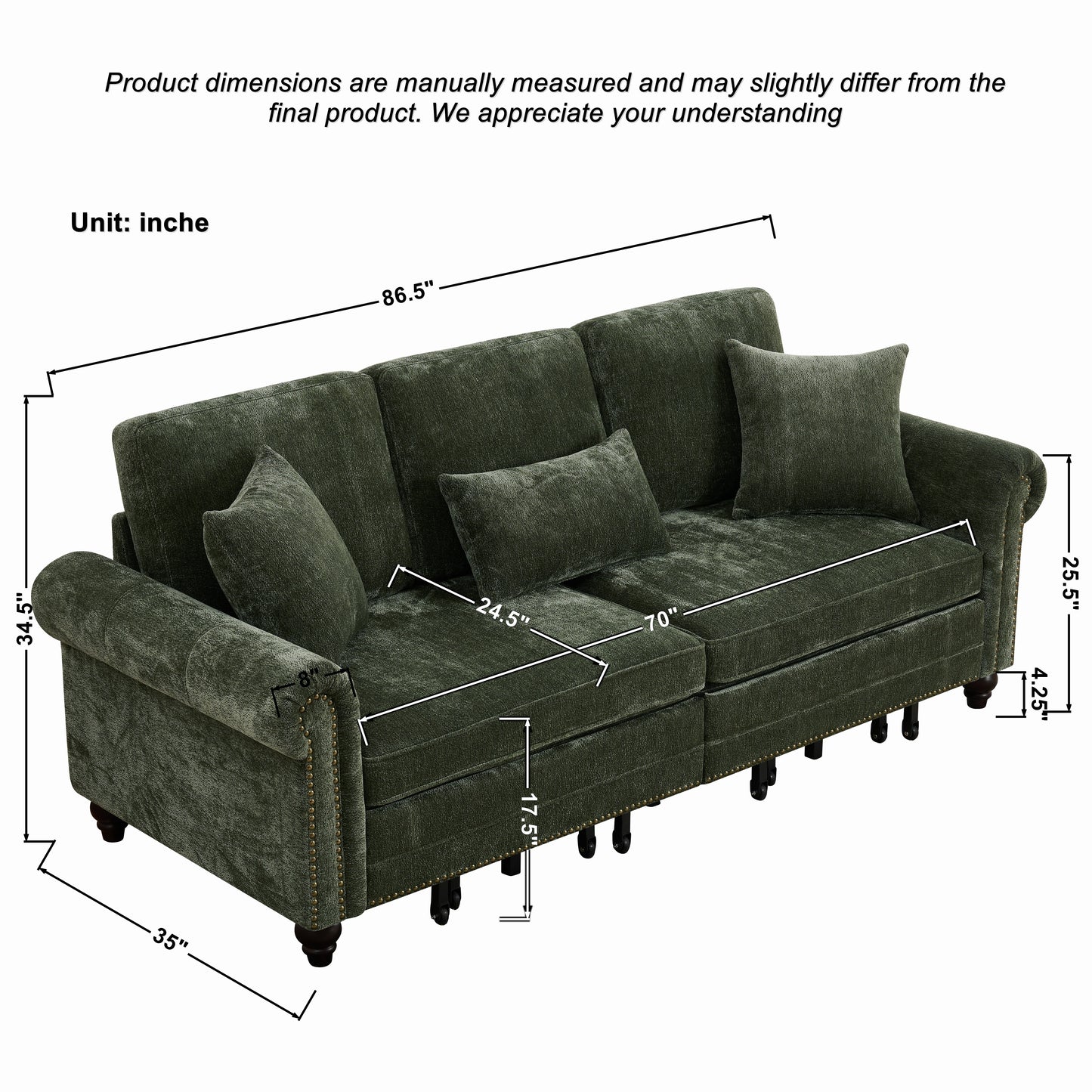 King Size Green Sofa Bed - 3 in 1 Sleeper Sofa for Living Room