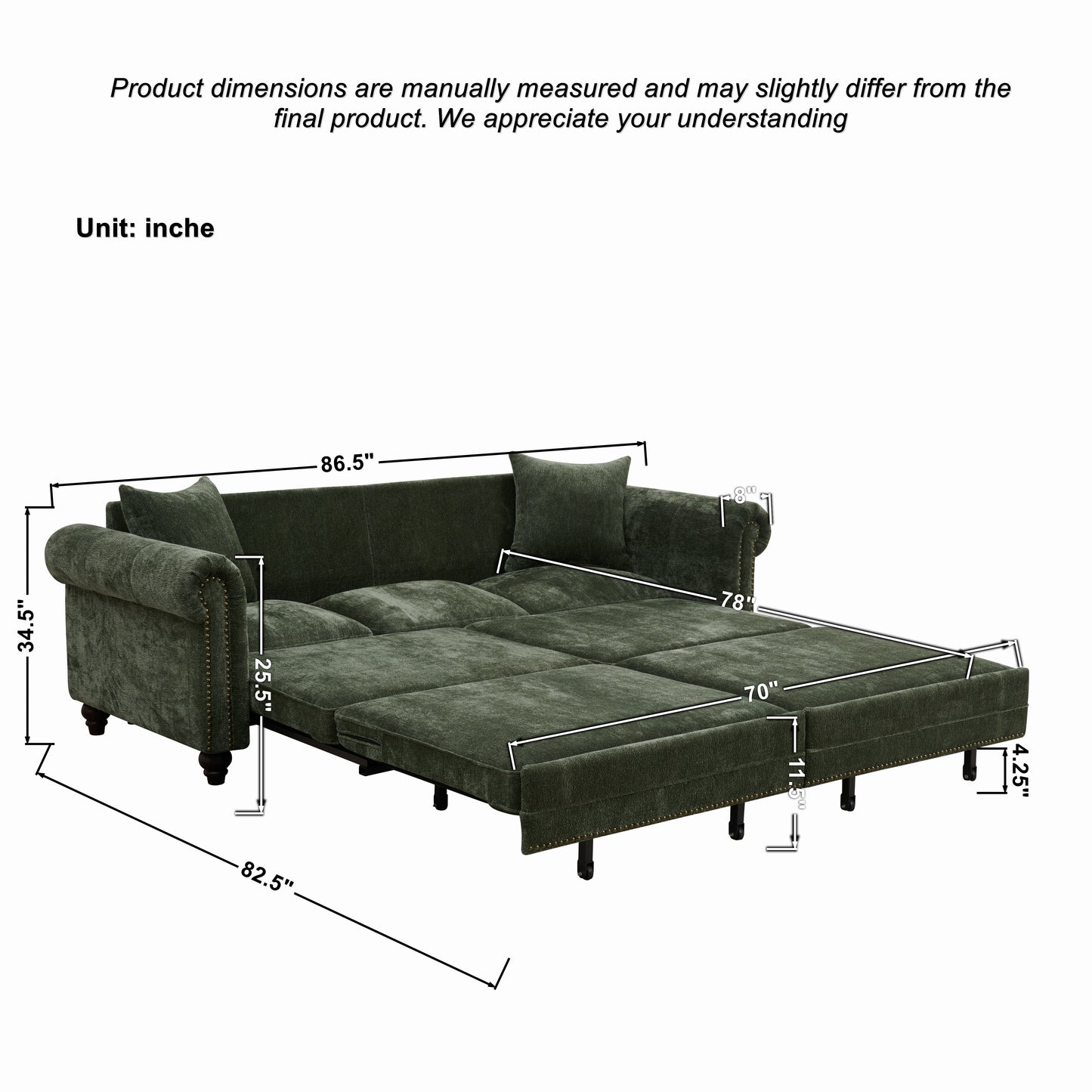 King Size Green Sofa Bed - 3 in 1 Sleeper Sofa for Living Room