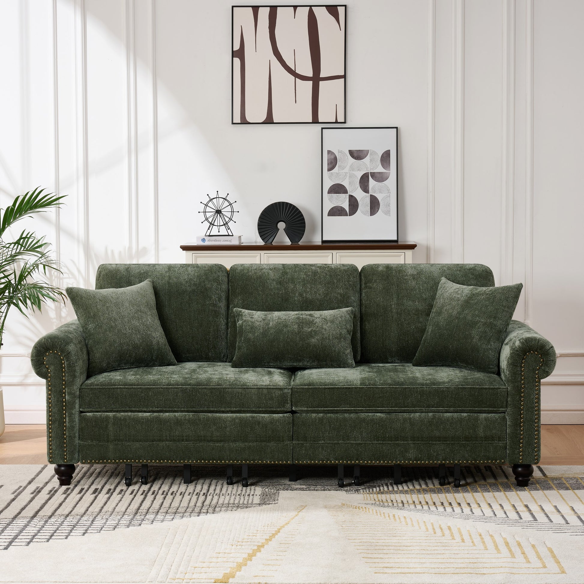 86" King Pull Out Sofa Bed, 3 in 1 Convertible Sleeper Sofa,Modern 3 Seat Couch with Nailhead Trim & Rolled Arm for Living Room, Apartment, Office, Green Chenille