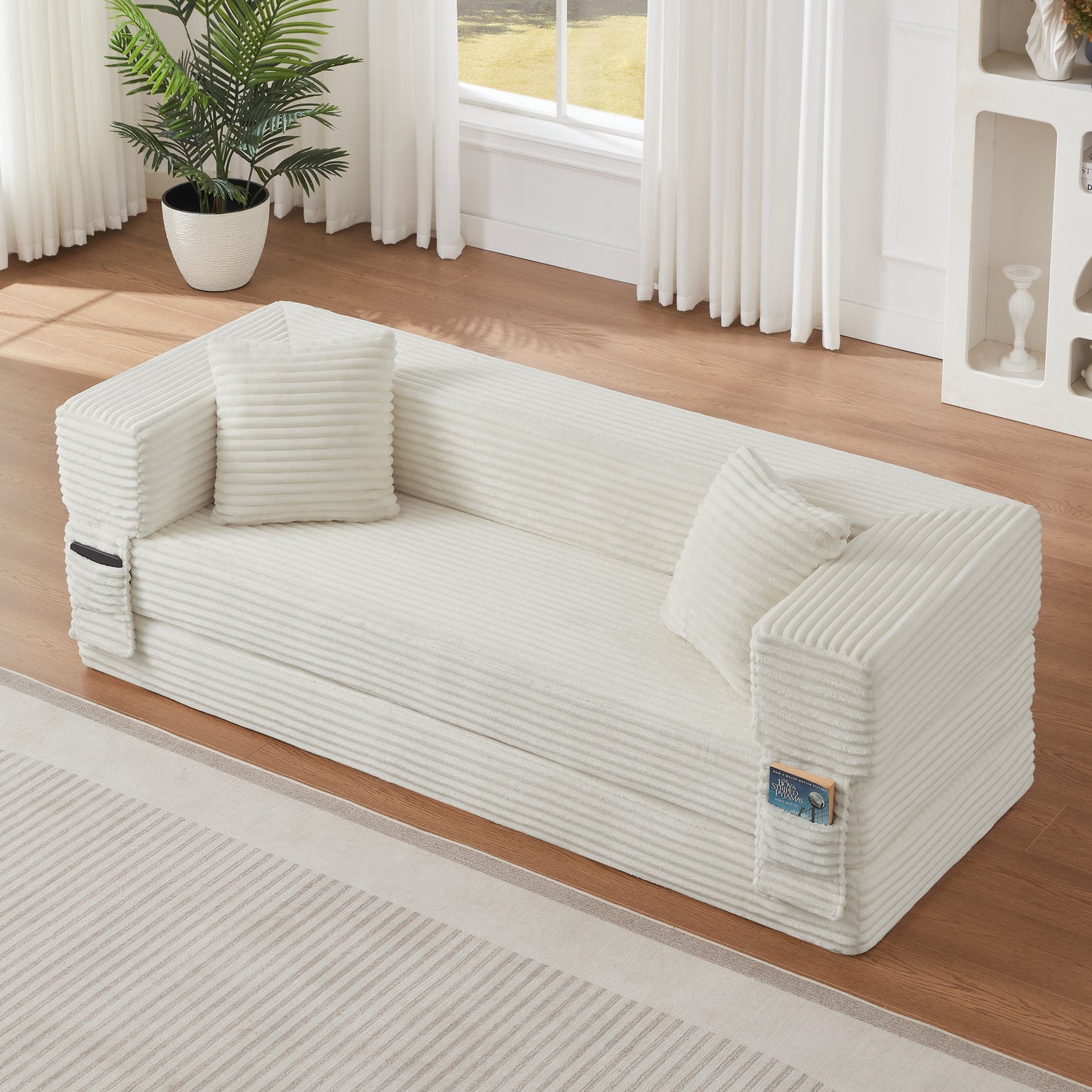 3 Seat White Foam Sofa Converts to Double Bed for Living Room