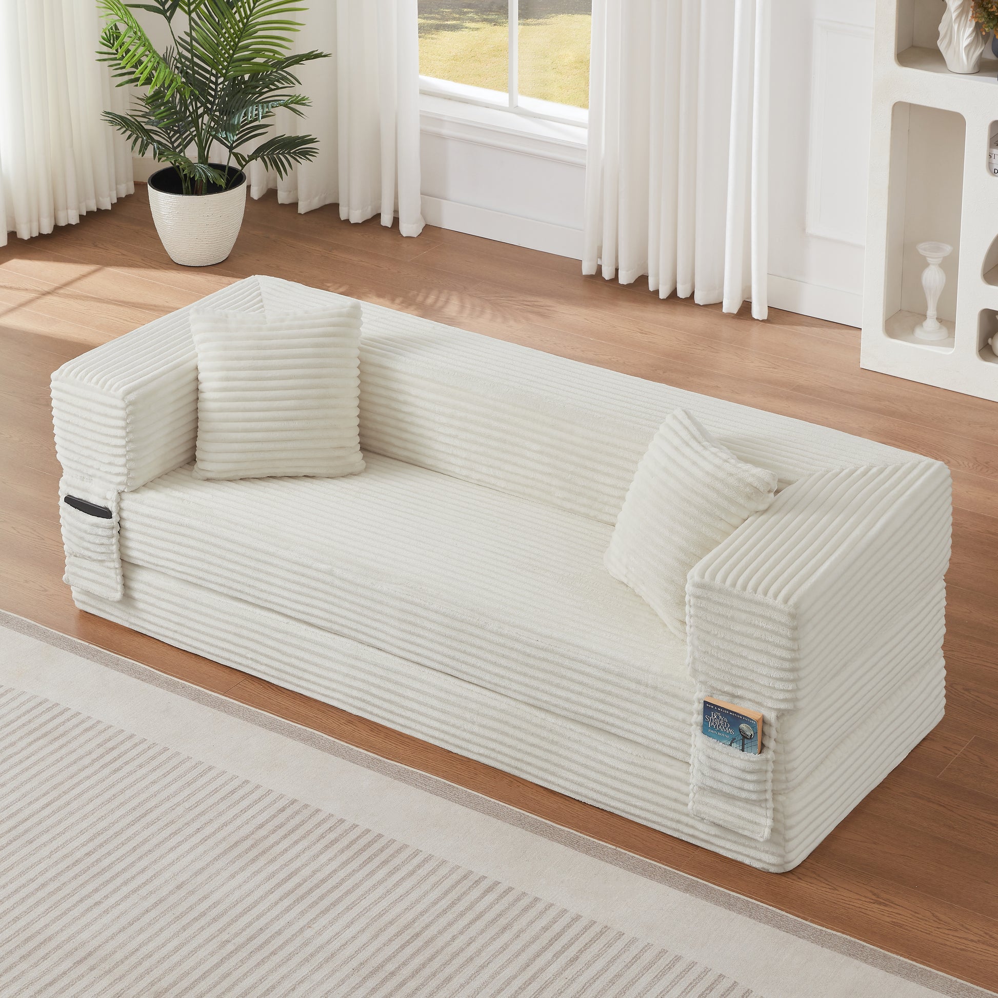 3 Seat White Foam Sofa Converts to Double Bed for Living Room