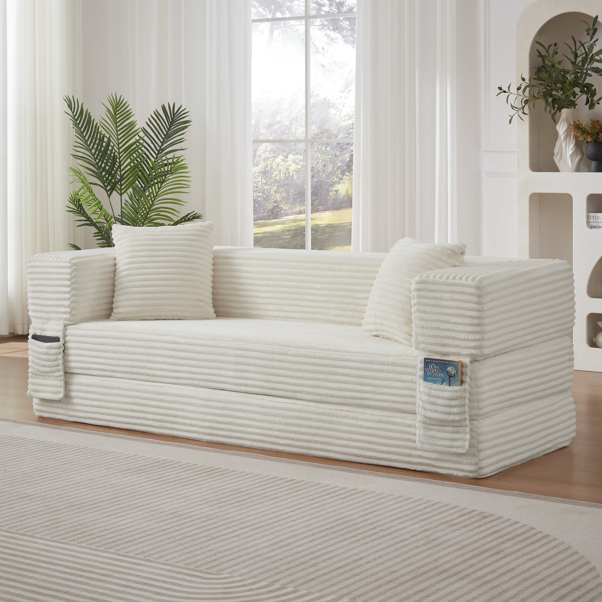 Modern cord sofa with stylish appearance, classic square design, unique two-tier design, convertible into a bed, ideal for apartments and large spaces.