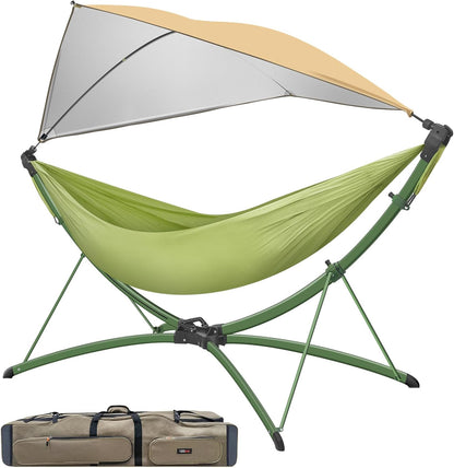 Portable Outdoor/Garden Hammock with Quick-Fold Stand, Adjustable Sunshade, and Storage Bag Adult/Child Hammock Chair Heavy-Duty Hammock Suitable for Camping, Home Gardens, Hotels, Outdoors, Beaches