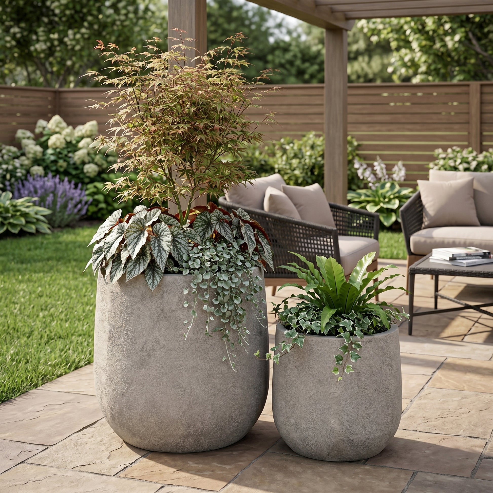 Round Concrete Planter Set of 2, Large Outdoor Indoor Handmade Rustic Decorative Planter Pots Containers with Drainage Holes for Home Garden Patio, 13" x 13" & 17" x 17" (antique grey)