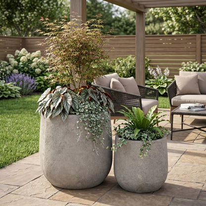Round Concrete Planter Set of 2, Large Outdoor Indoor Handmade Rustic Decorative Planter Pots Containers with Drainage Holes for Home Garden Patio, 13" x 13" & 17" x 17" (antique grey)