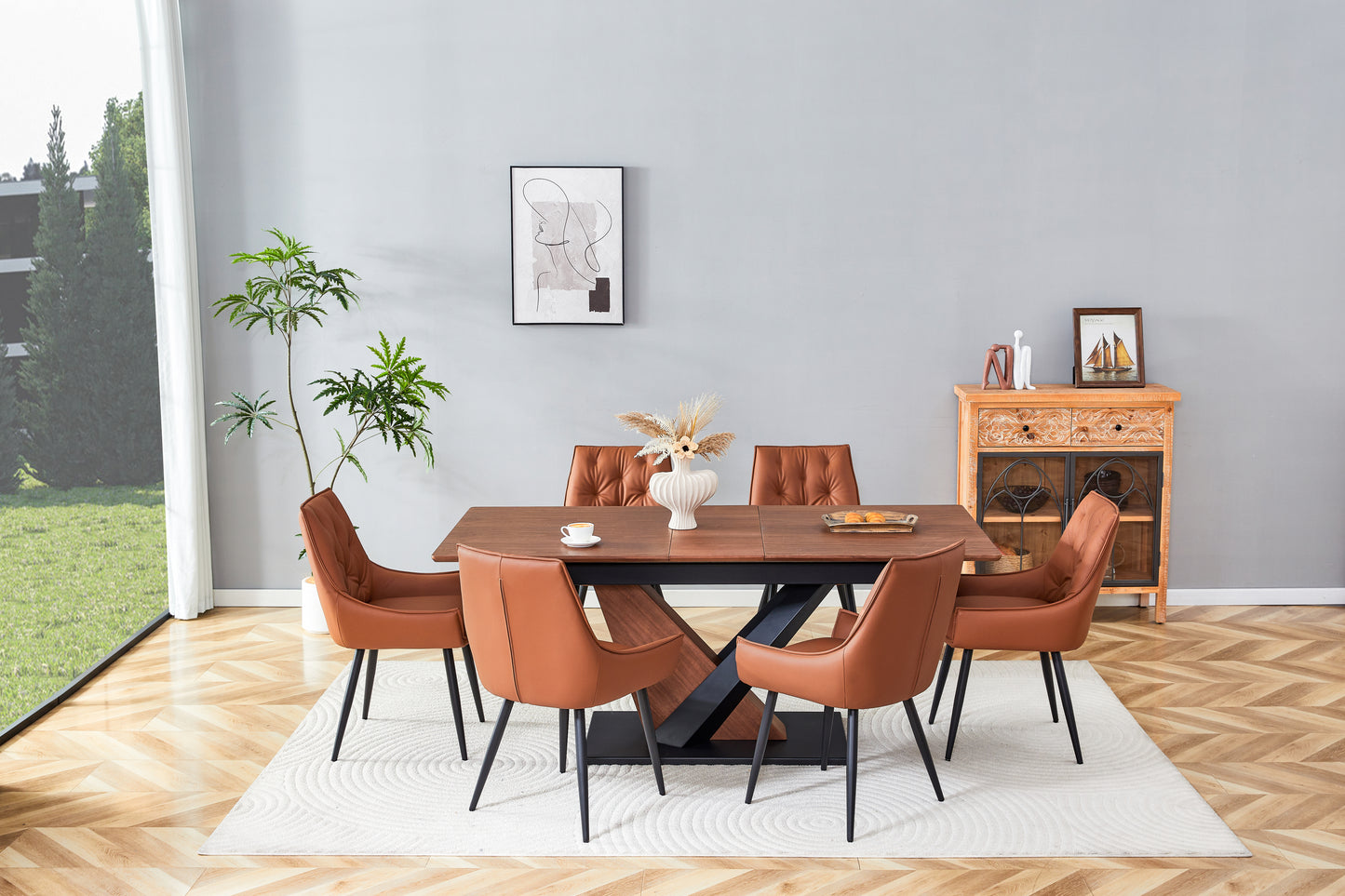 Contemporary Dining Set, Extendable MDF Wood-Veneer Table & 4 Premium Faux Leather Chairs, (1 Table with 4 Sturdy Metal-Frame Chairs)