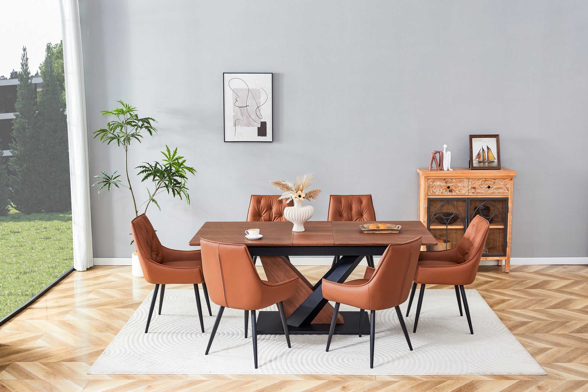 Contemporary Dining Set, Extendable MDF Wood-Veneer Table & 4 Premium Faux Leather Chairs, (1 Table with 4 Sturdy Metal-Frame Chairs)