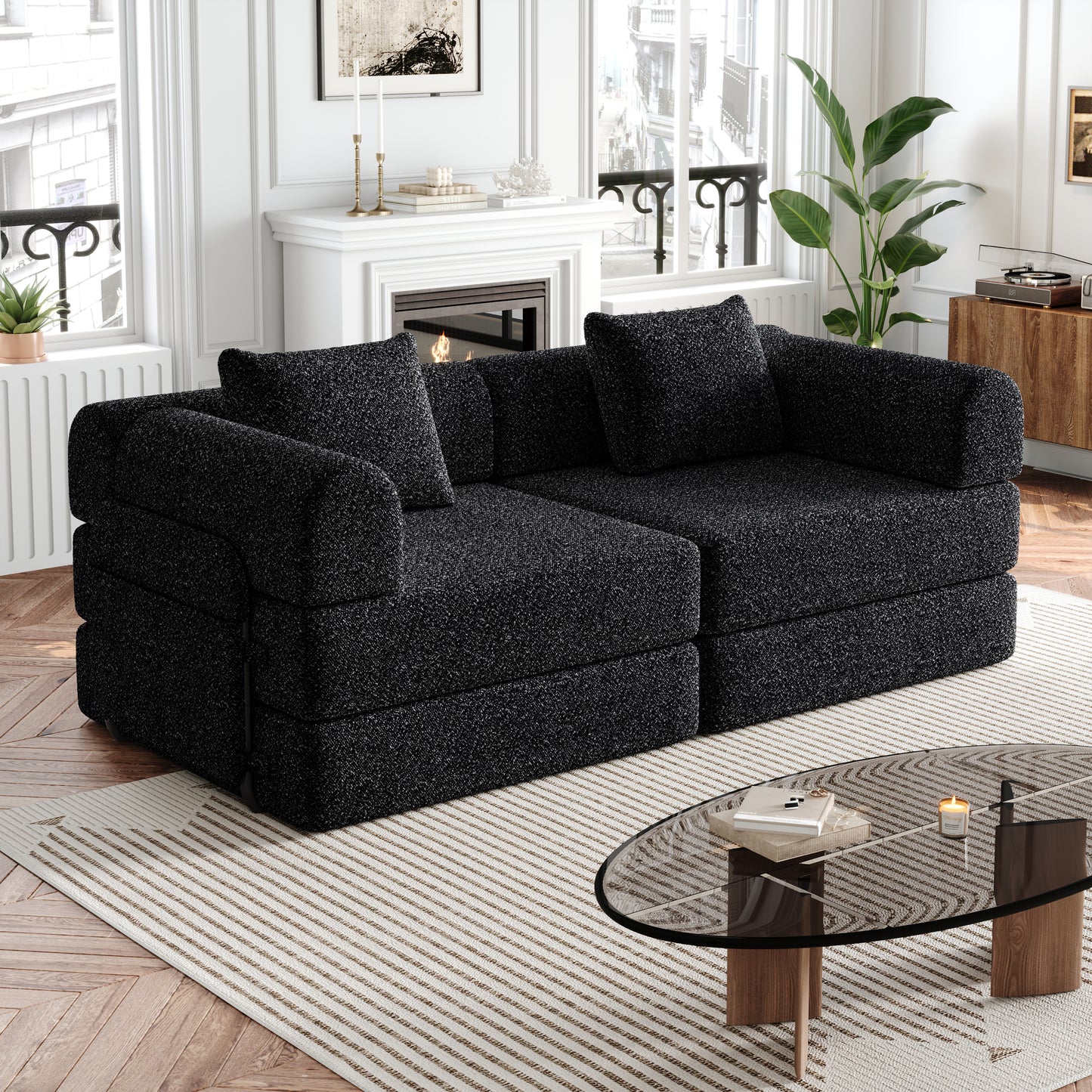 Living Room 72 Inch Black Fabric Sofa Bed with Foam Cushion - Convertible Floor Sofa