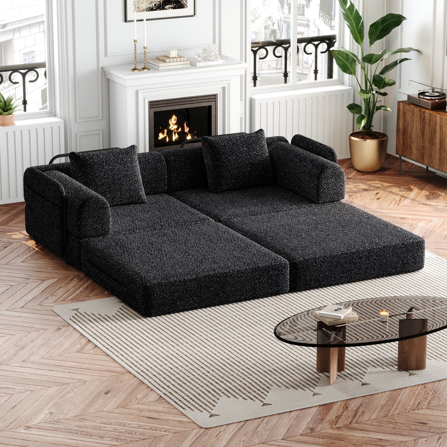 Living Room 72 Inch Black Fabric Sofa Bed with Foam Cushion - Convertible Floor Sofa
