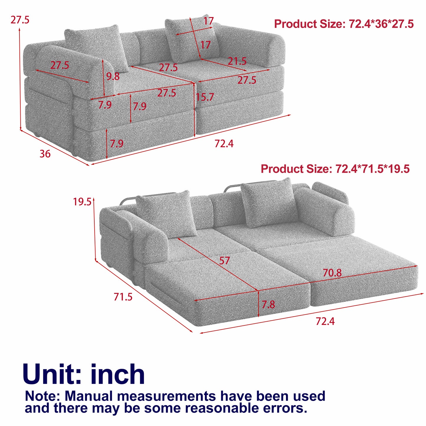 Living Room 72 Inch Black Fabric Sofa Bed with Foam Cushion - Convertible Floor Sofa