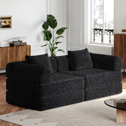 Living Room 72 Inch Black Fabric Sofa Bed with Foam Cushion - Convertible Floor Sofa