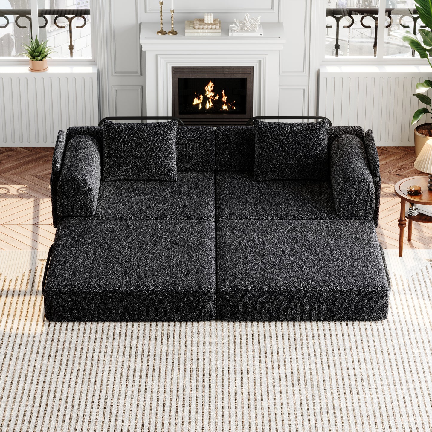 Living Room 72 Inch Black Fabric Sofa Bed with Foam Cushion - Convertible Floor Sofa