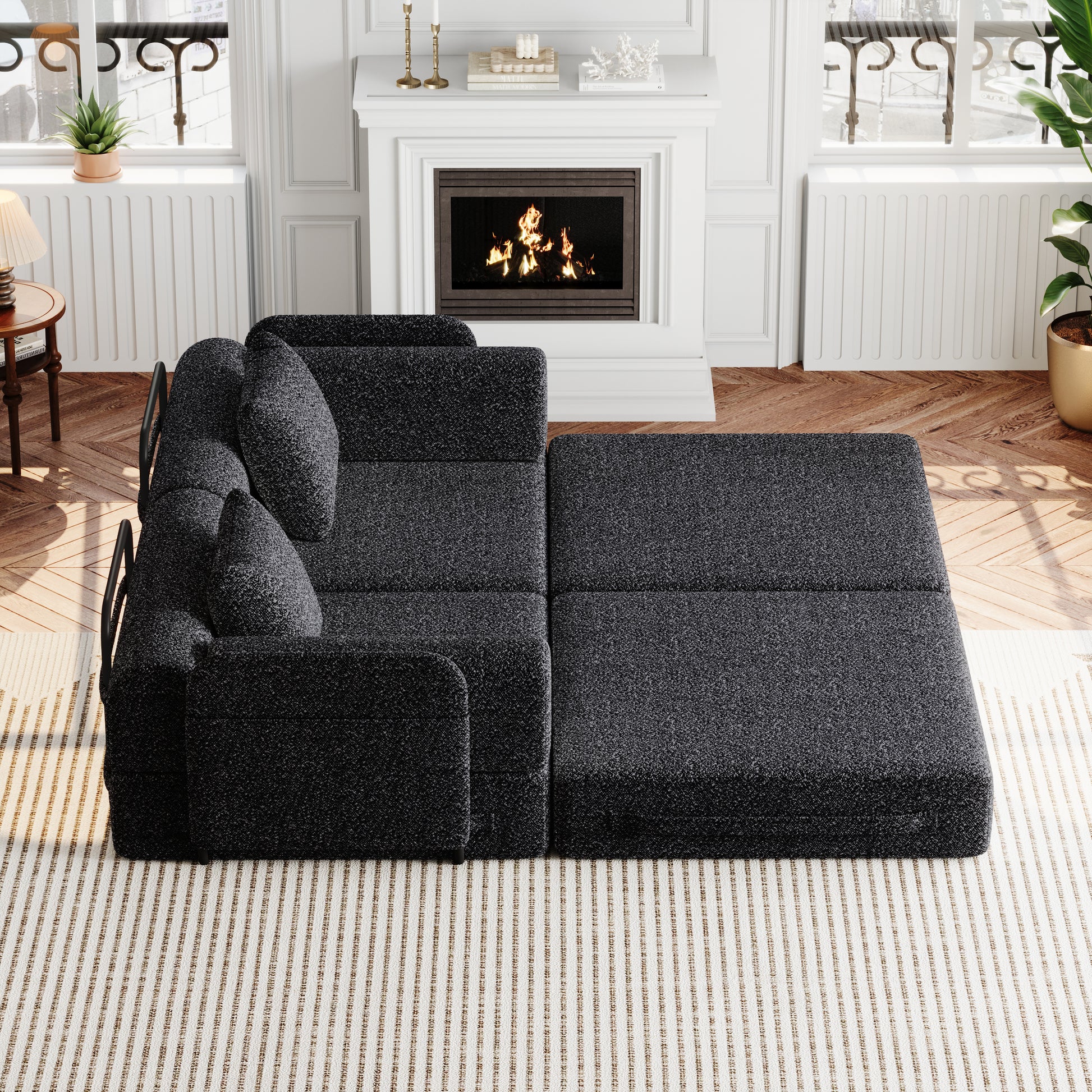 Living Room 72 Inch Black Fabric Sofa Bed with Foam Cushion - Convertible Floor Sofa