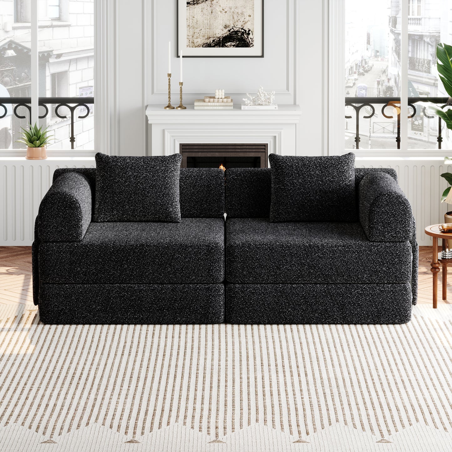 72.4-inch convertible sofa bed, chenille sofa, comes with two side storage pockets, two cushions, comfortable foldable sofa bed, suitable for use in living rooms, bedrooms, and studies, carpet sofa