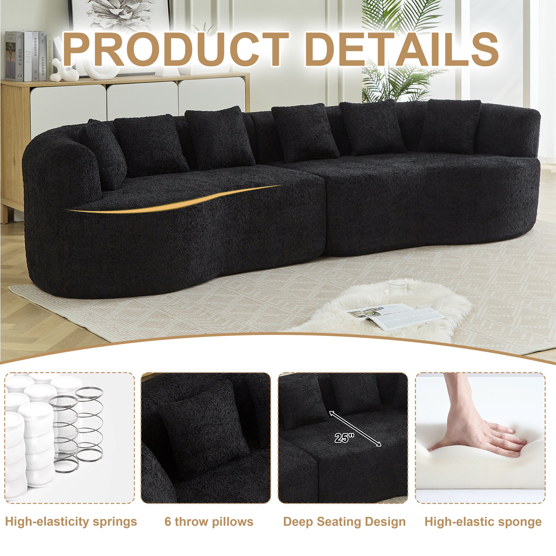 Luxury Chenille Oversized Sectional Sofa - 4 Seat Black