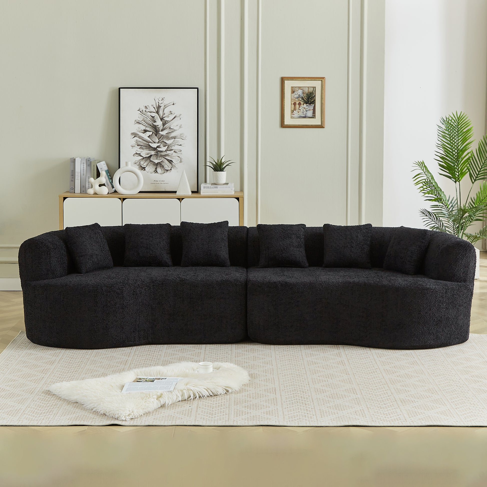Curved Sectional Sofa, 106.3-inch Oversized Modern Bone-Free Cloud Sofa with 6 Pillows Luxury Chenille Four-Seater Memory Foam Sofa with Deep Seat Design,black