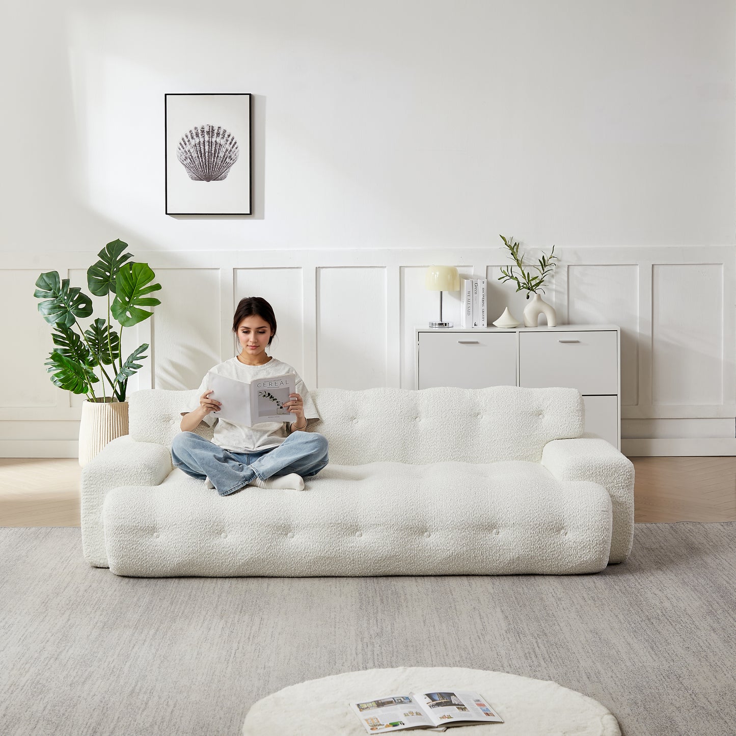 [Video]87.4-inch Cloud Series Minimalist Button-Tufted Square Arm Three-Seater Sofa, Chenille Sofa, Comfortable Upholstered Sofa with Button-Tufted Design, Snow White
