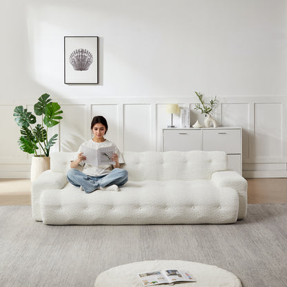 [Video]87.4-inch Cloud Series Minimalist Button-Tufted Square Arm Three-Seater Sofa, Chenille Sofa, Comfortable Upholstered Sofa with Button-Tufted Design, Snow White