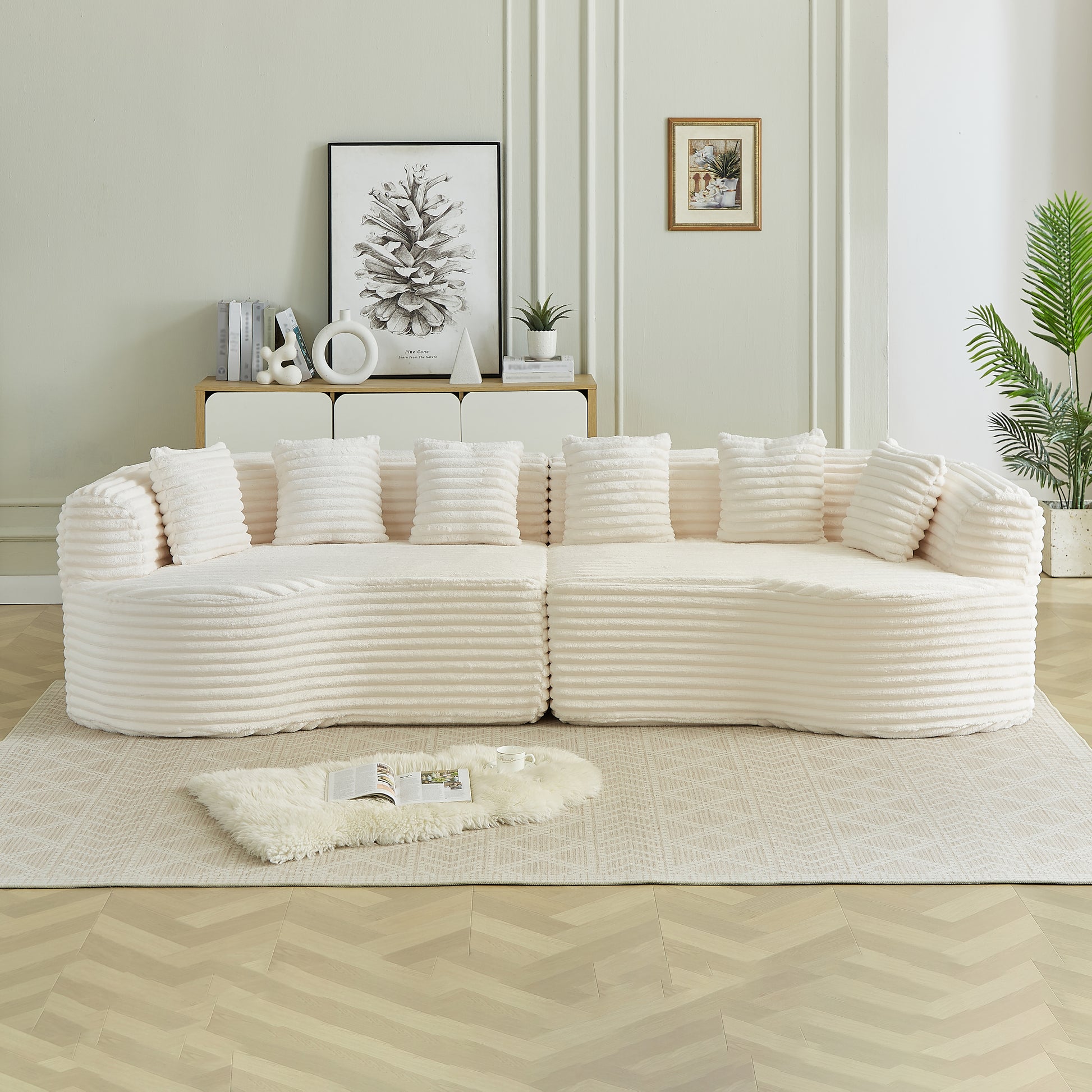 Curved Sectional Sofa, 111.5-inch Oversized Modern Bone-Free Cloud Sofa with 6 Pillows Luxury Corduroy Four-Seater Memory Foam Sofa with Deep Seat Design,beige  W3505P355585