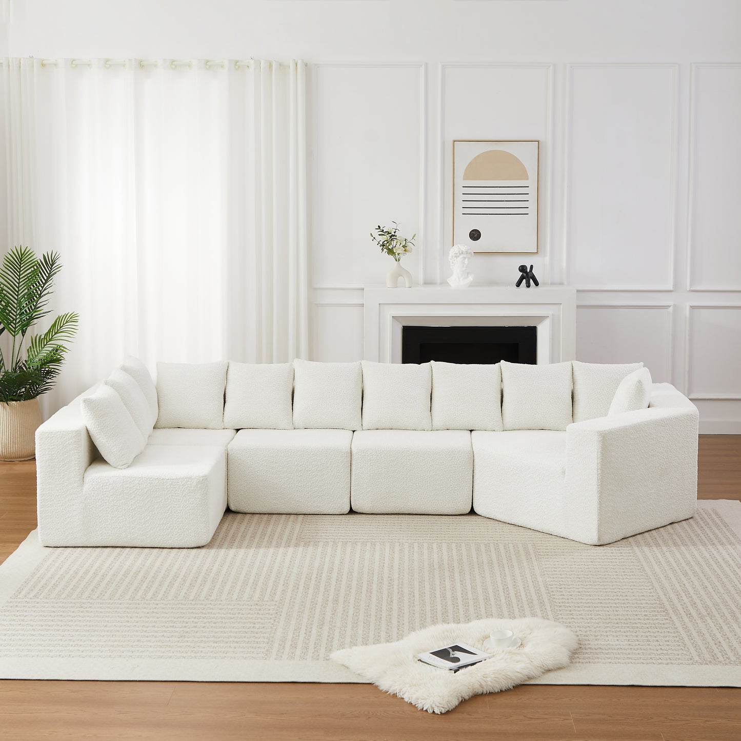 [Video]151.6-inch Extra-Large L-Shaped Deep-Seat Modular Sofa Chenille Fabric Sectional Sofa Includes 11 Pillows Curved Recliner Floor-Standing Living Room Sofa No Assembly Required   Beige