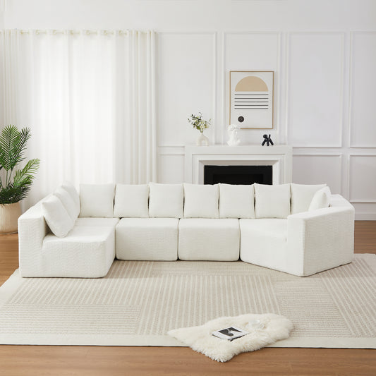 [Video]151.6-inch Extra-Large L-Shaped Deep-Seat Modular Sofa Chenille Fabric Sectional Sofa Includes 11 Pillows Curved Recliner Floor-Standing Living Room Sofa No Assembly Required   Beige