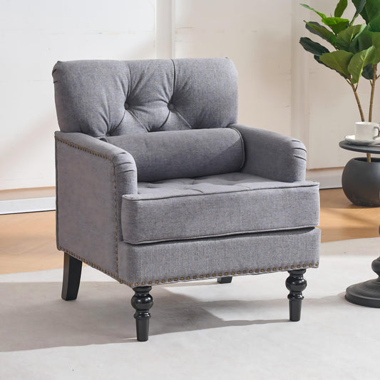 Tufted Club Chair with pillow, Accent Chair, Upholstered Button Armchair, Linen Fabric Corduroy Sofa Chairs for Bedroom, Living Room, Mid Century Modern with Studded Reading Chair, Gray
