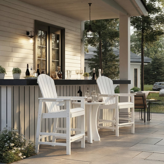 All-Weather HDPE Bar Height Adirondack Chair, Outdoor Patio Bar Chair with Armrests & Cup Holder, UV/Weather Resistant, White 1 Piece (WH)