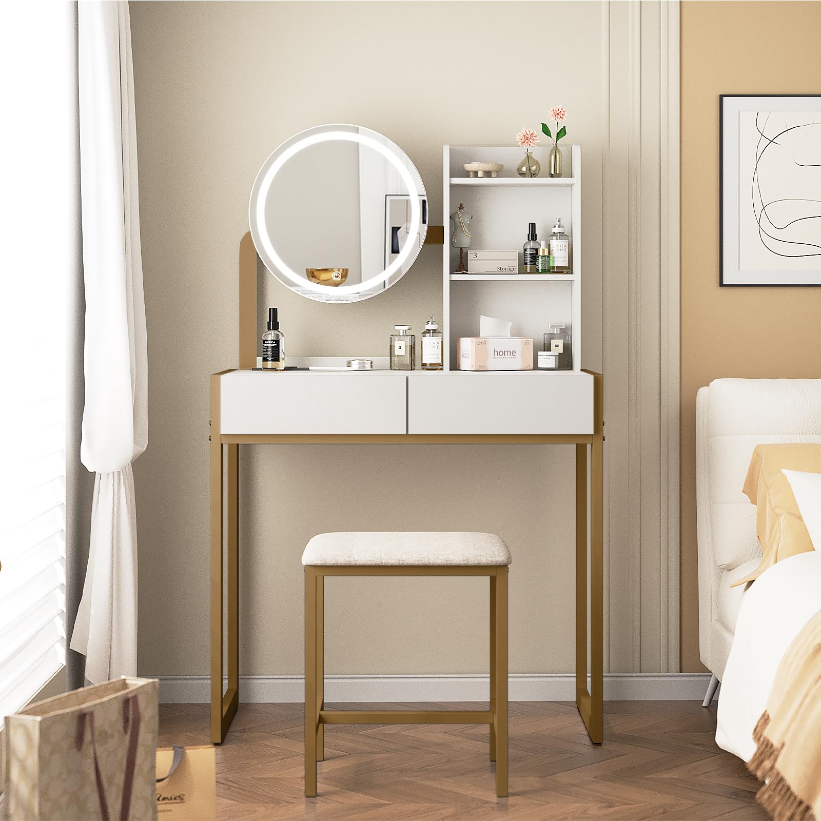 White Gold Makeup Vanity Table with LED Mirror & Stool for Bedroom