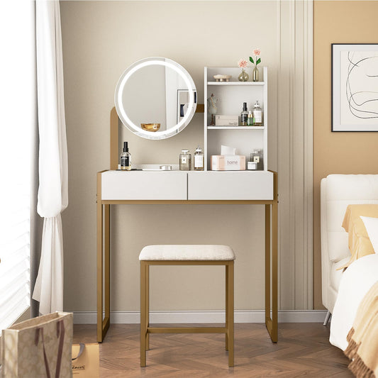 White Gold Makeup Vanity Table with LED Mirror & Stool for Bedroom
