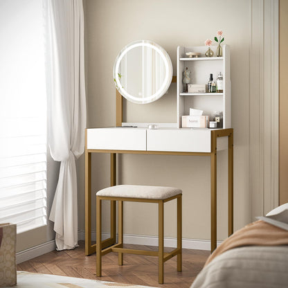 White Gold Makeup Vanity Table with LED Mirror & Stool for Bedroom