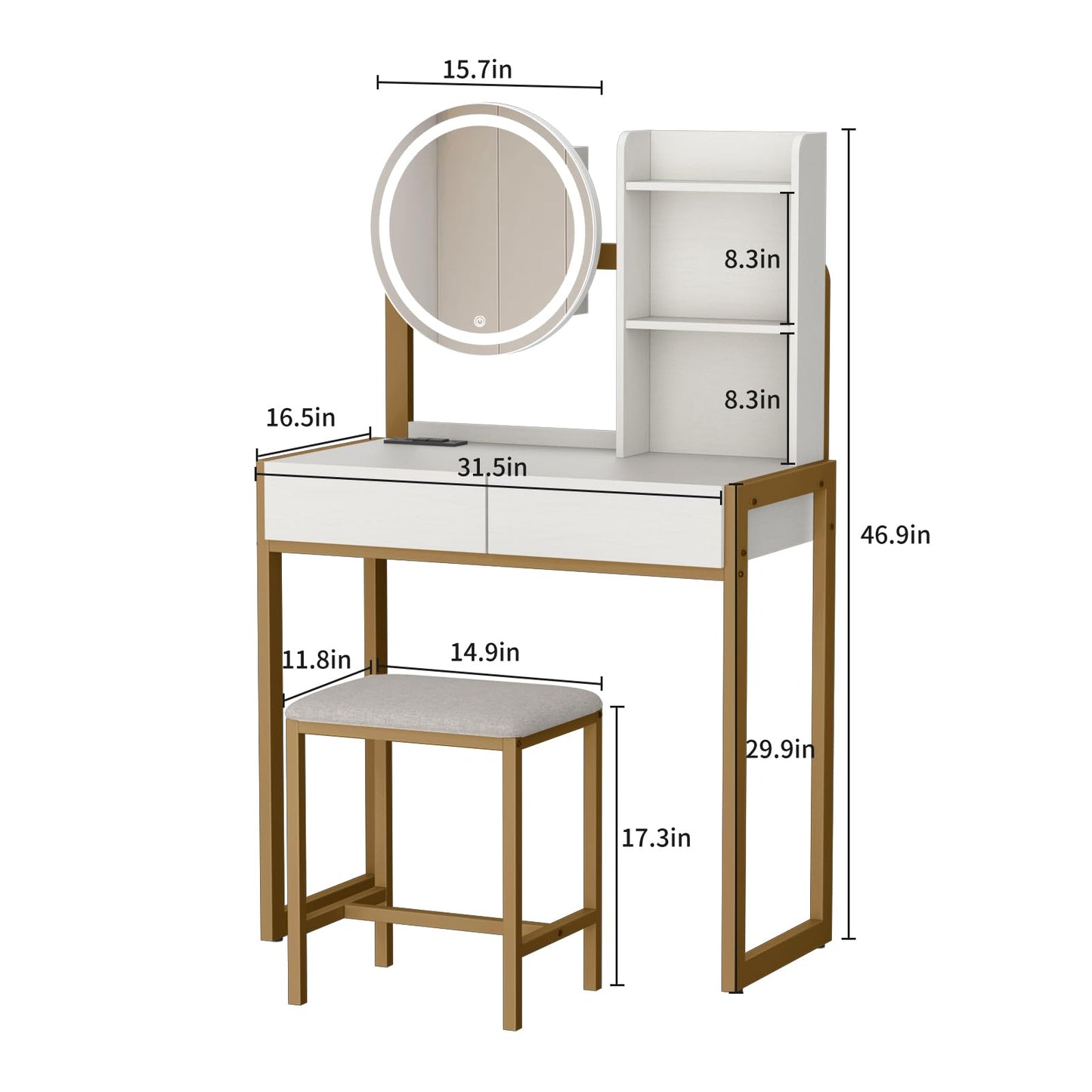 White Gold Makeup Vanity Table with LED Mirror & Stool for Bedroom