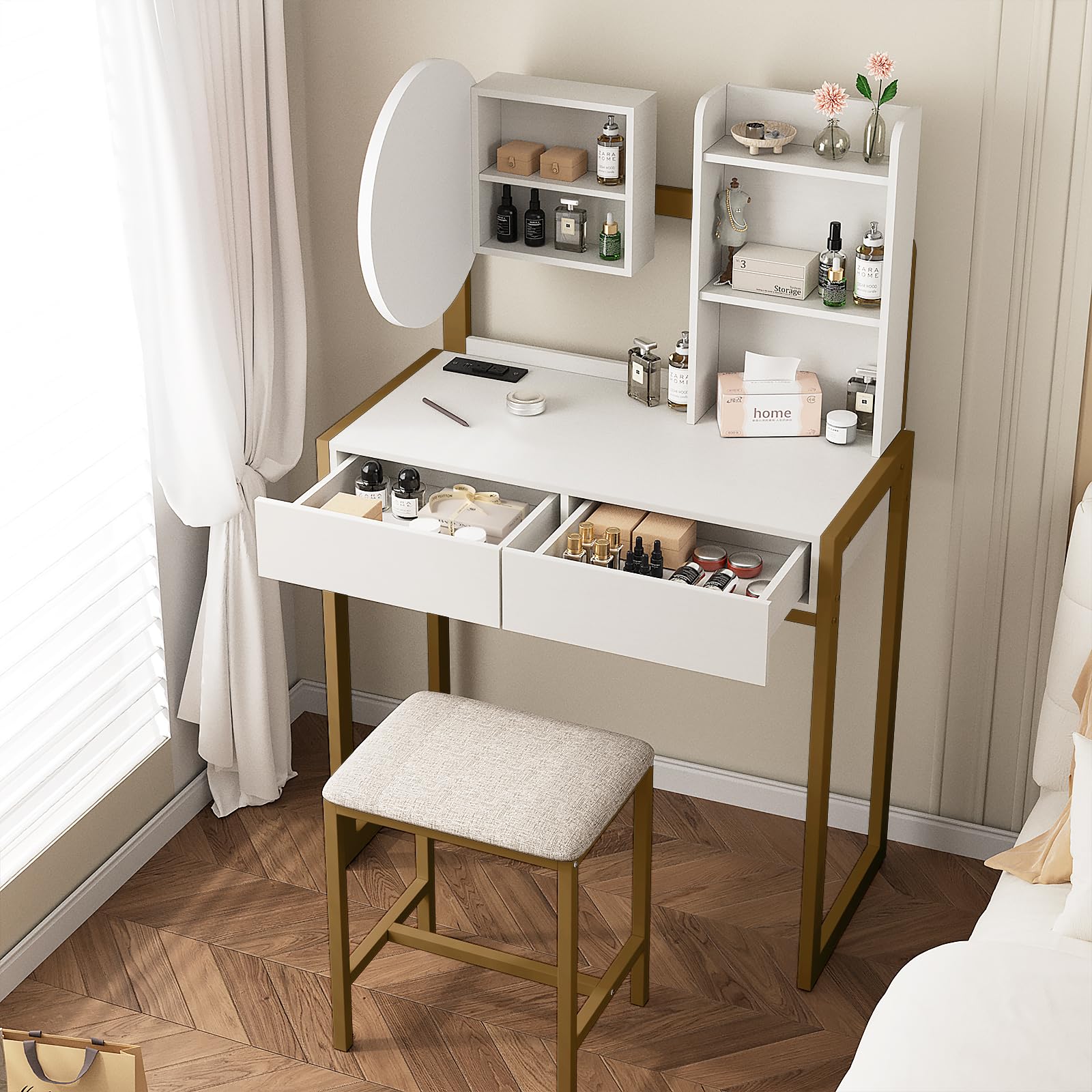 White Gold Makeup Vanity Table with LED Mirror & Stool for Bedroom