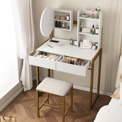 White Gold Makeup Vanity Table with LED Mirror & Stool for Bedroom