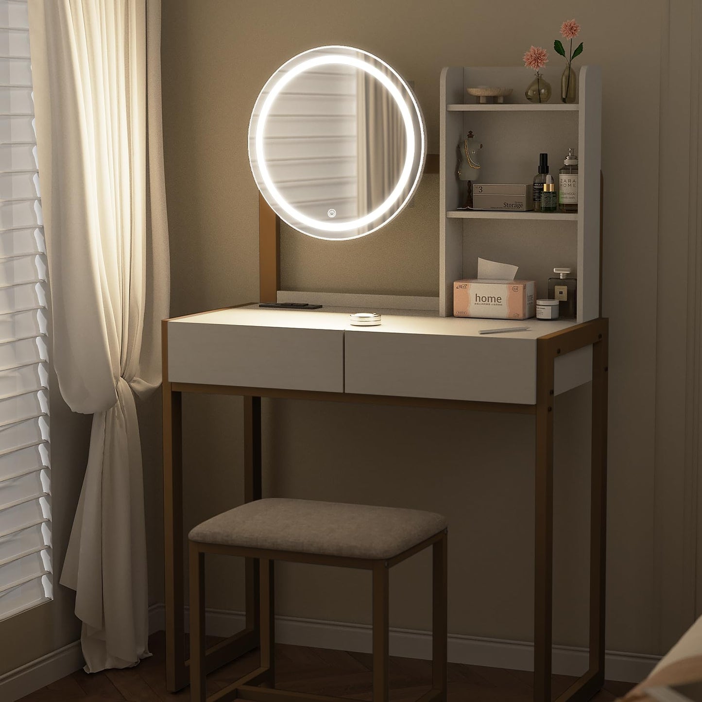 White Gold Makeup Vanity Table with LED Mirror & Stool for Bedroom