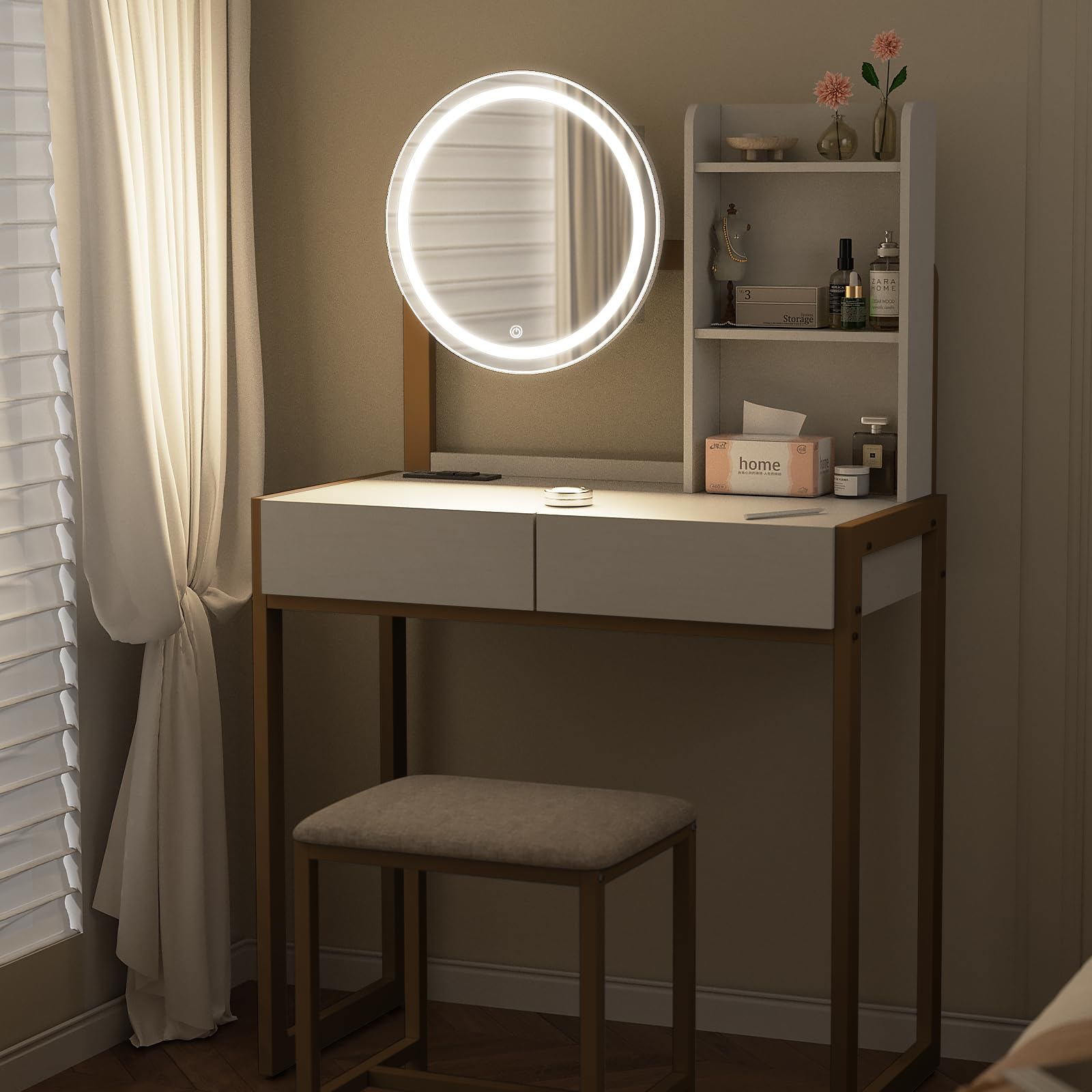 White Gold Makeup Vanity Table with LED Mirror & Stool for Bedroom