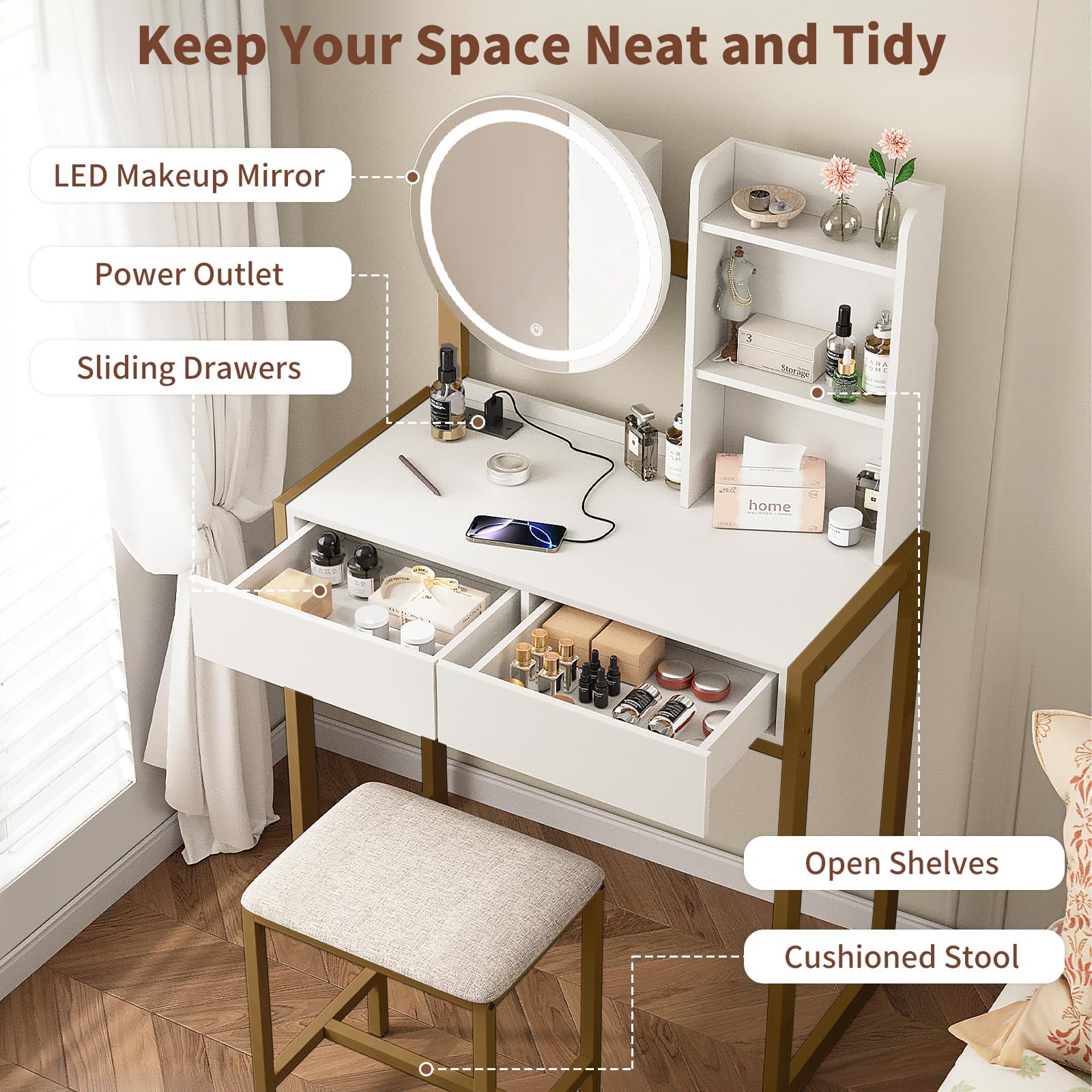 White Gold Makeup Vanity Table with LED Mirror & Stool for Bedroom
