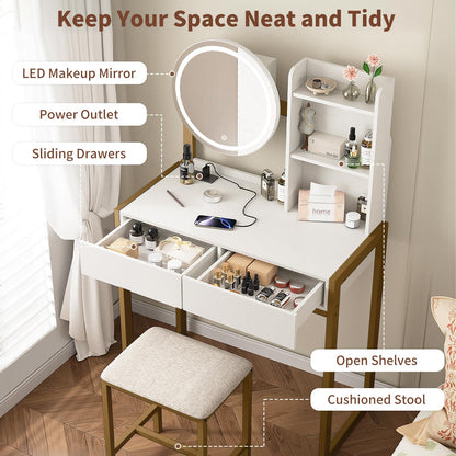 White Gold Makeup Vanity Table with LED Mirror & Stool for Bedroom
