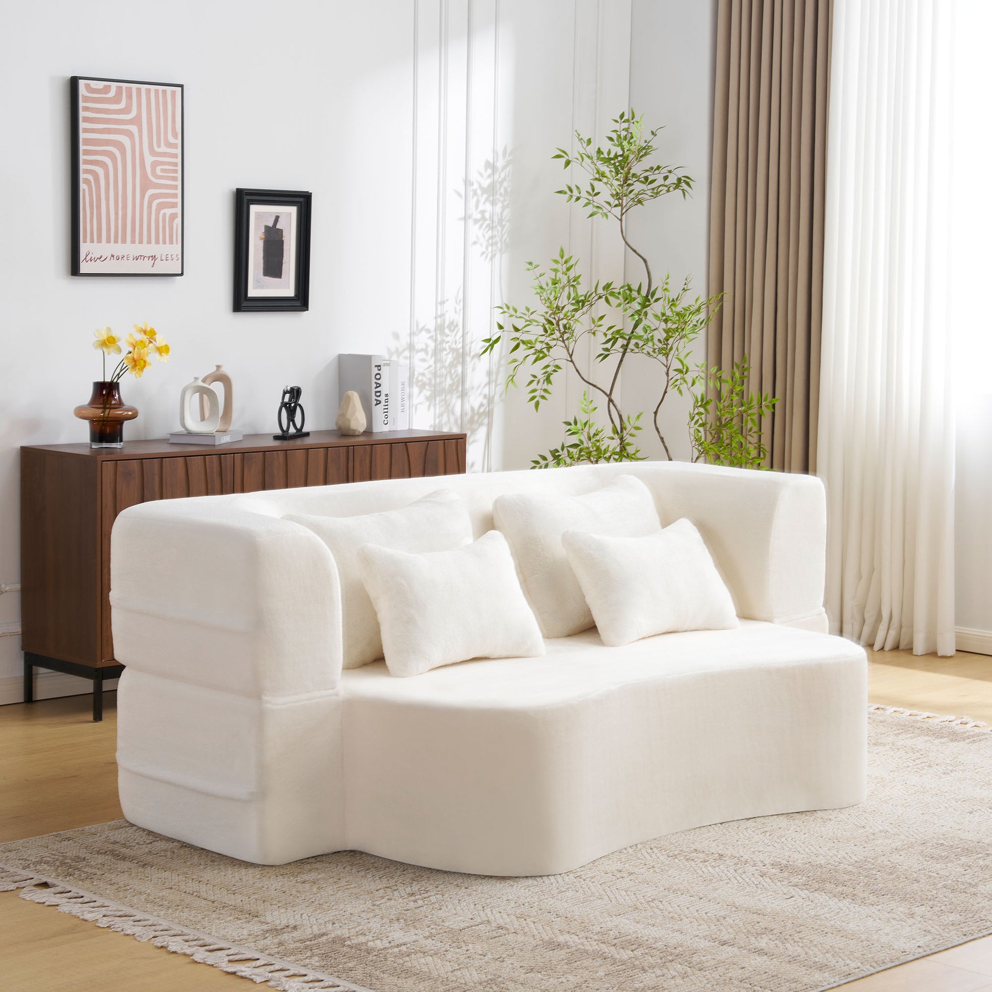 White Folding Foam Futon Sofa Bed for Living Room Guests